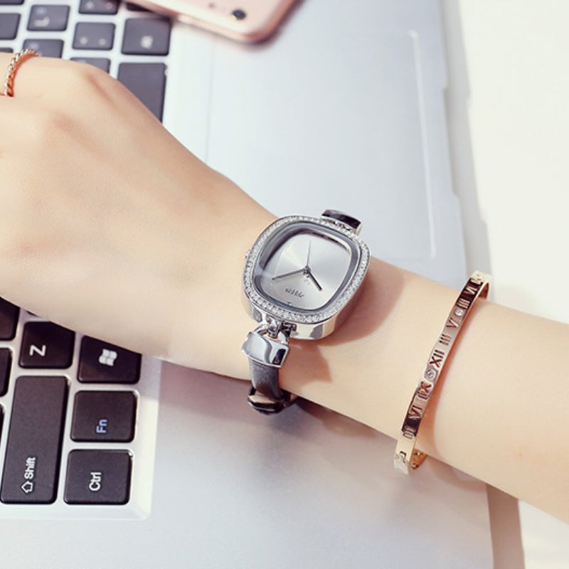 Classy Rhinestone Adorned Numberless Dial with Thin Vegan Leather Strap Quartz Watches