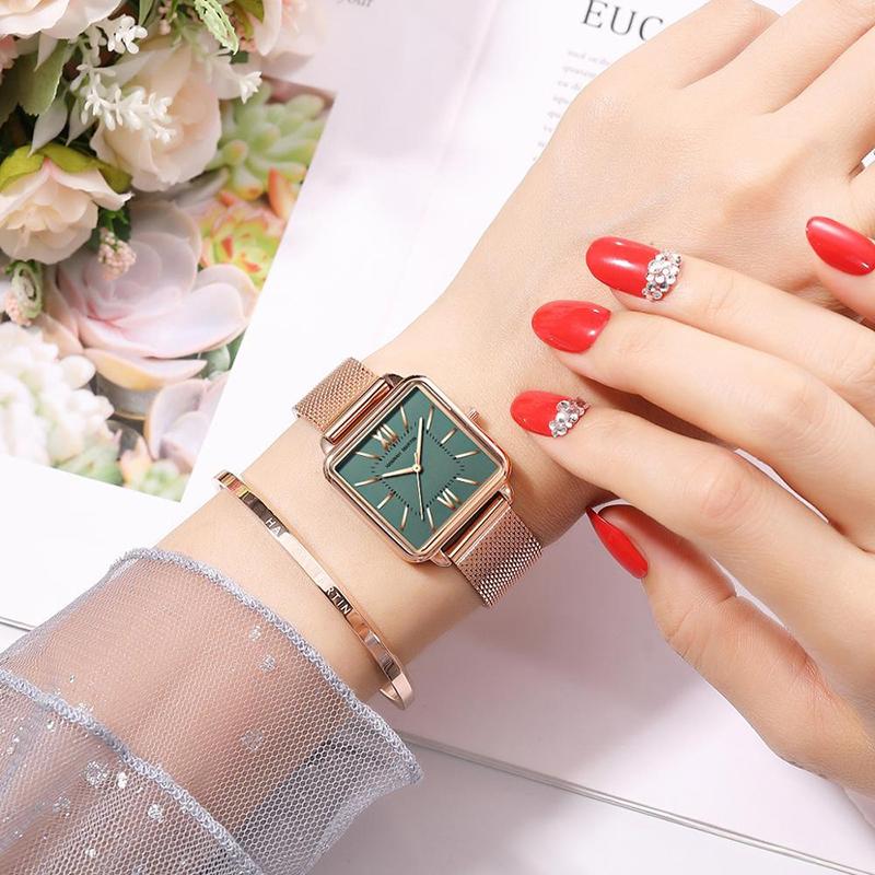Watch - Classy Square Case With Stainless Steel Mesh Band Quartz Watch