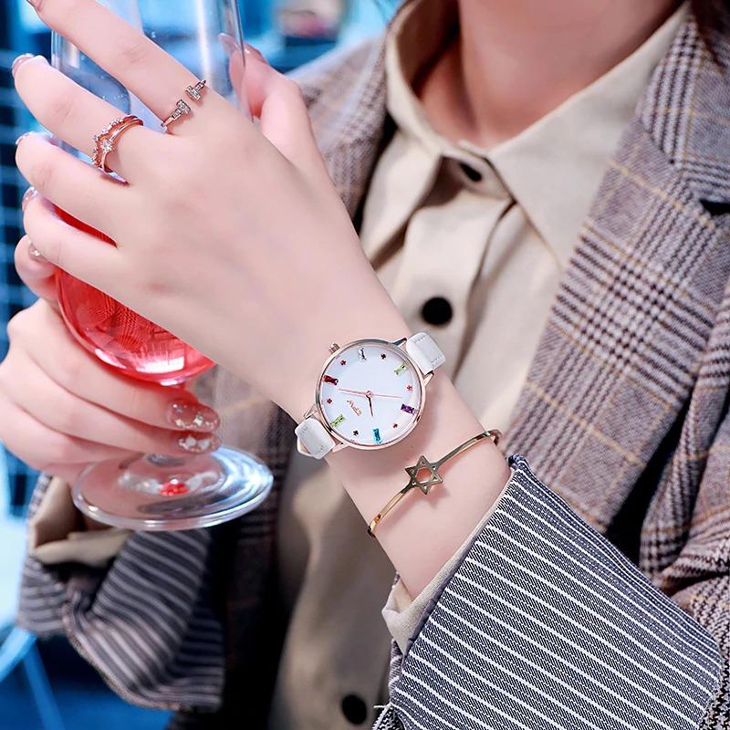 Watch - Colorful Rhinestone Dial With Leather Strap Quartz Watch