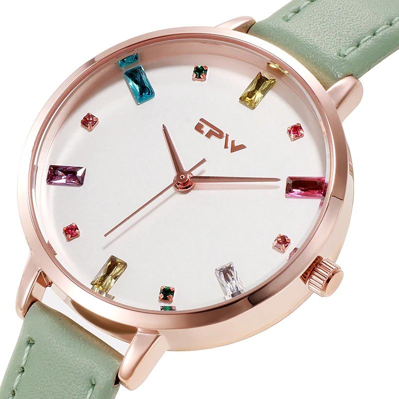 Watch - Colorful Rhinestone Dial With Leather Strap Quartz Watch