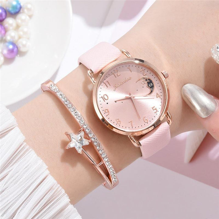 Enchanting Crescent Moon and Star Dial with Vegan Leather Strap Quartz Watches